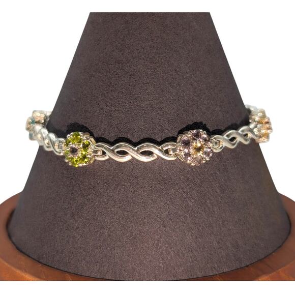 925 Sterling Multi-Color Crystal Flower Cross Over Chain Link Tennis Bracelet - Picture 1 of 14